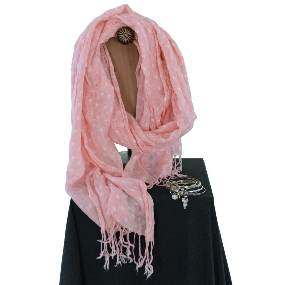 Coral Polka Dot Scarf & Silver Tone Bracelets